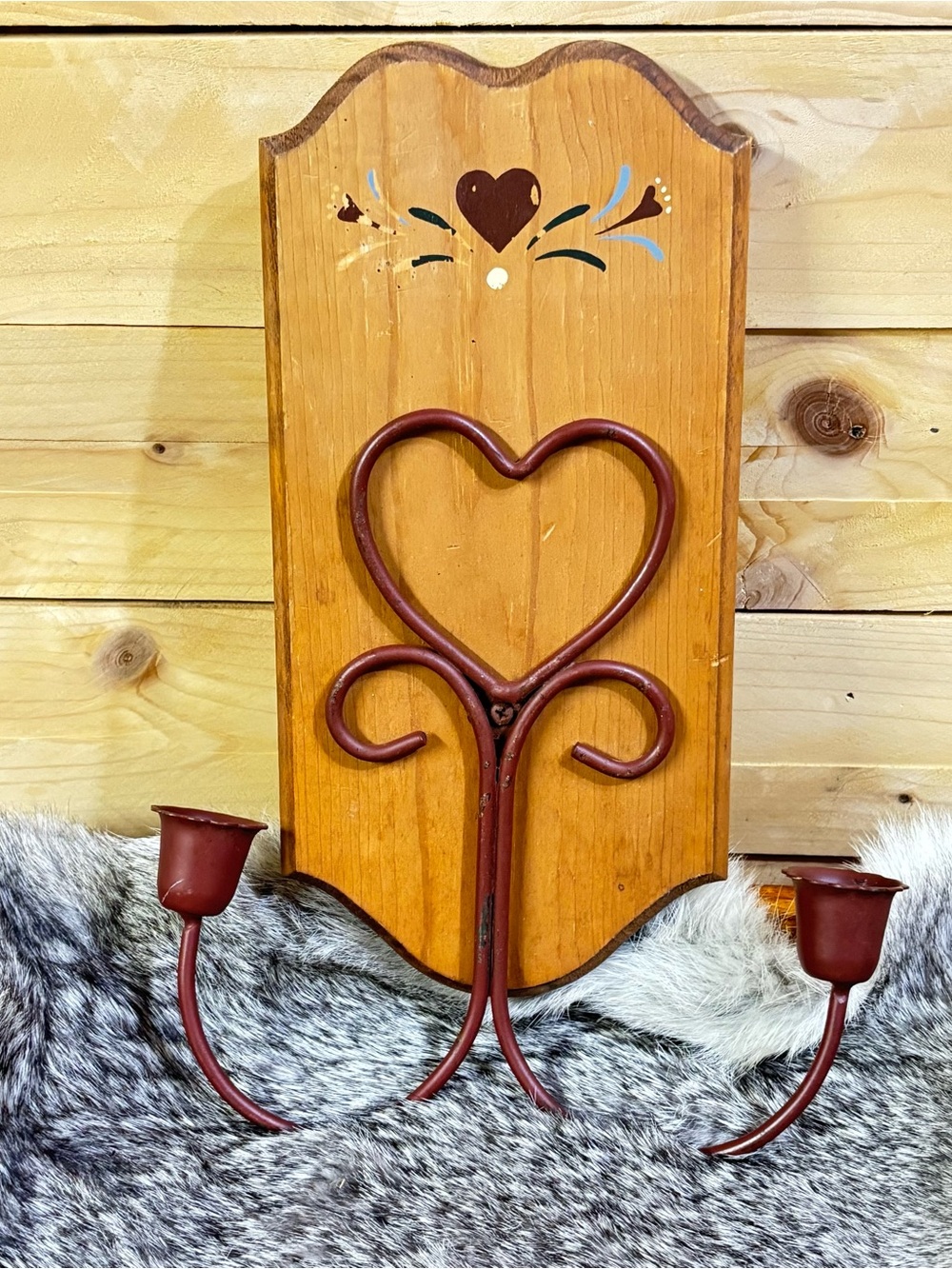 Vintage and Rustic Heart Wall Sconce - Red Metal on Wood